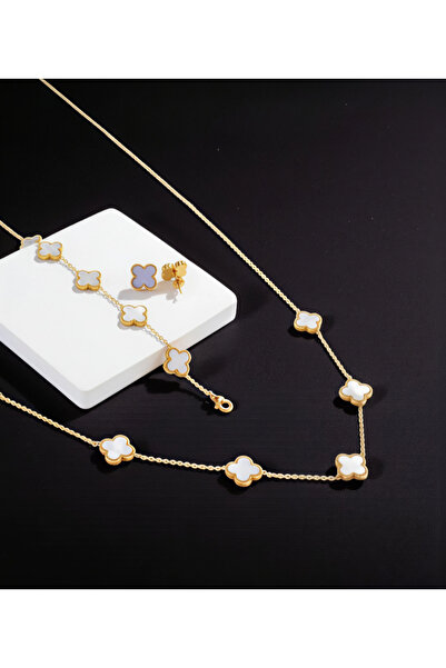 RÜZGARBİJÜTERİ طقم الزركون الأبيض على شكل ورقة البرسيم - طقم ثلاثي من قلادة و...