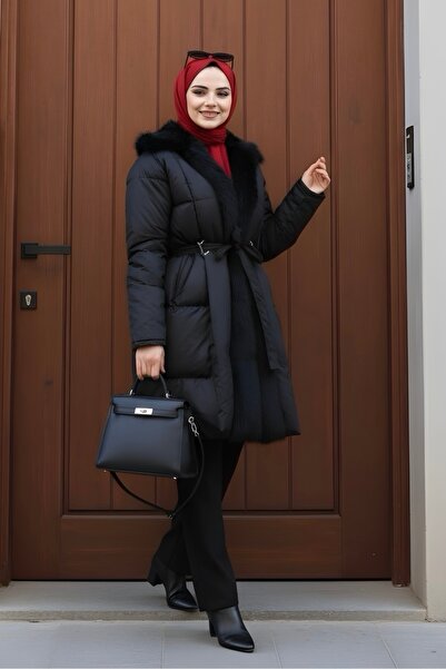İmajButik Black Collar Fur Belt Detailed Puffer Coat