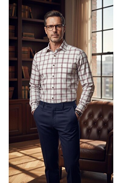 MEGALDİ Erkek Slim Fit Kesim Beyaz Bordo Kareli Uzun Kollu Gömlek