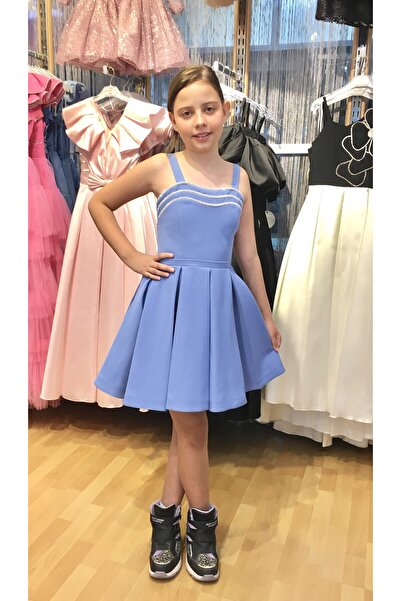 Erkut Rochie de seara scurta pentru fete din stofa creponata de culoare indigo cu bretele groase