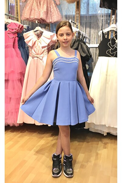 Erkut Rochie de seara scurta pentru fete din stofa creponata de culoare indigo cu bretele groase