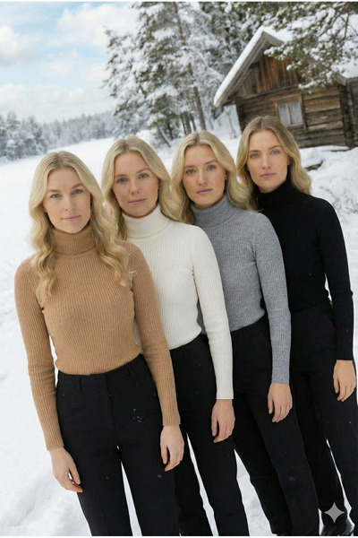 navesta 4'LÜ Kadın Beyaz Balıkçı Yaka Fit Triko Kazak 4 Adet Siyah-Beyaz-Bej-Gri