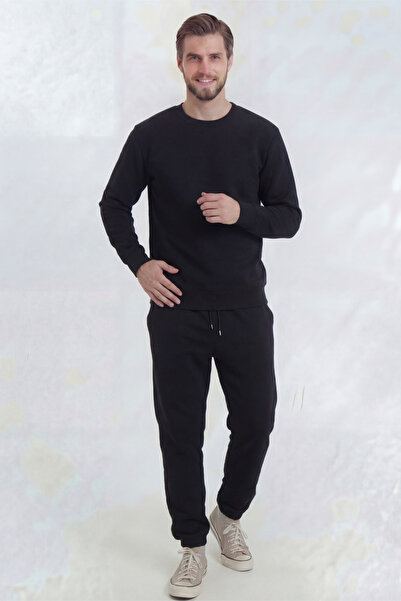 Veleno Black Men's Crew Neck 3 Thread Tracksuit Set Soft Puff Fabric