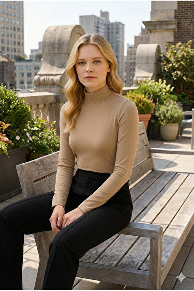 TRENDJET Women's Long Sleeve Half Fisherman Beige Stretch Fabric Viscose Badi