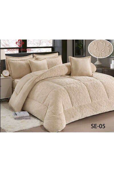 Roshen طقم مفرش 6 قطع نفرين شتوي حشوة مخمل ناعم مع فرو سادة ذو وجهين خامة مخمل لحاف مقاس 250*230