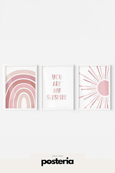 Posteria 3'lü Pembe Boho Sen Benim Güneşimsin, Çocuk Odası Tablosu, Beyaz Vey...