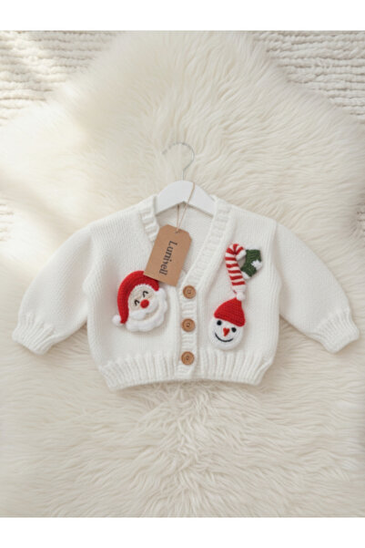 LunivellArt Christmas-Themed Santa Claus and Snowman Detailed White Baby Cardigan