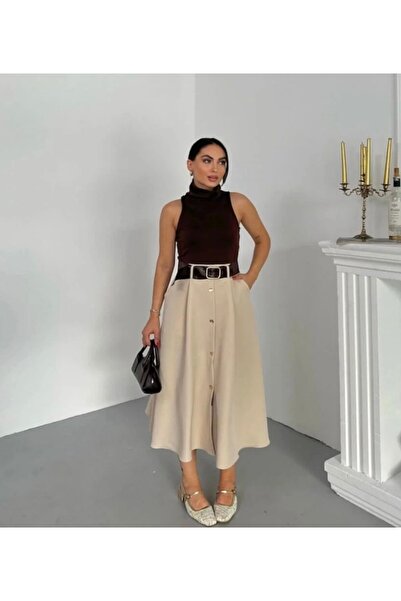 Afiş Butik Καφέ γυναικείο φόρεμα με ζώνη και λεπτομέρεια με κουμπιά χωρίς μανίκια