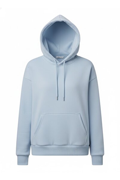 jeneric Bebe Mavi Kapüşonlu Kanguru Cepli Oversize Lastik Paça İçi Polarlı Kadın Eşofman Takımı