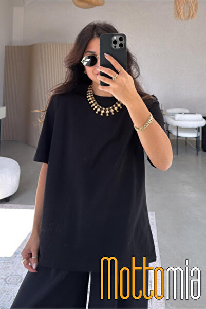 OPPOCEİTE Siyah Unisex Oversize Pamuklu Likralı Bisiklet Yaka Baskısız Tişört (T-SHİRT)