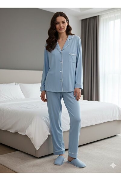 Lienna Long Sleeve Piped Shirt Collar Modal Cotton Pajama Set Lna30Ptly01