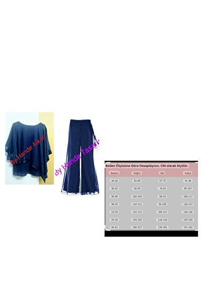 By Hande Alkan Set de pantaloni din șifon pentru femei, mărime mare, albastru marin, cu paiete, bluză largi
