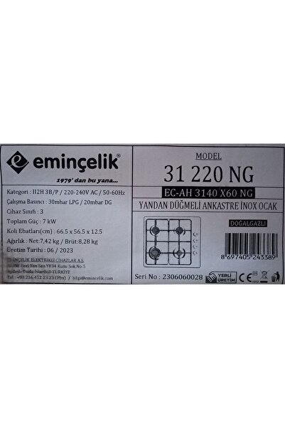Eminçelik Ec-ah 3140 We60 Ankastre Gömmeli Beyaz Emaye Ocak Sancak Alimer
