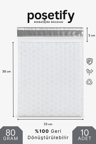 POŞETİFY Balonlu Kargo Poşeti 25x30x5 cm | 10 Adet | Şeffaf | Yapışkan Bantlı Kargo Zarfı | 80 Gram