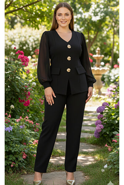 FOR ESRA BIG TREND Γυναικείο βραδινό κοστούμι σιφόν με λεπτομέρεια με λαιμόκοψη σε σχήμα V, χρυσό διακοσμητικό κουμπί, κάλυμμα τσέπης, μανίκια, ελαστικό κρεπ στο κάτω μέρος της μέσης