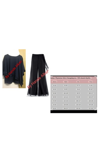 By Hande Alkan Women's Plus Size Black Loose Sequined Chiffon Blouse Pants Set