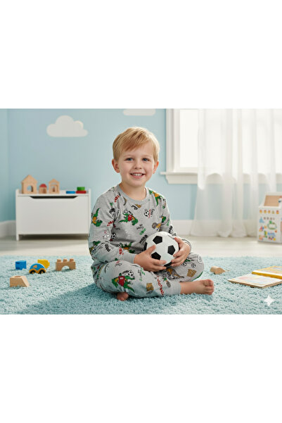 TUGSE Football Patterned Dinosaur Children's Pajama Set 100% Cotton