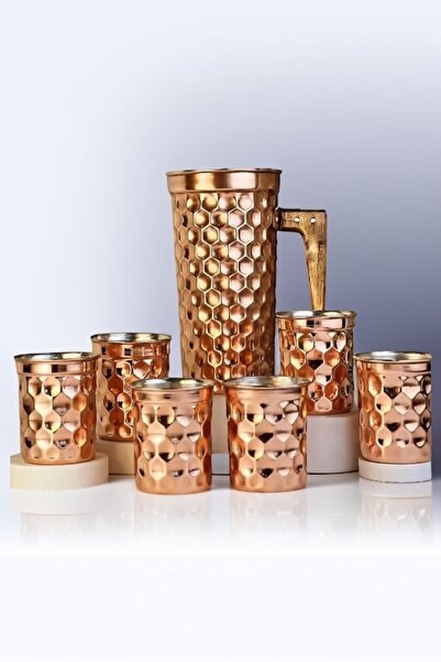 gulflower nude Bakır sürahi set 6 bardak 1 sürahi el yapımı ahşap saplı kutulu lüks