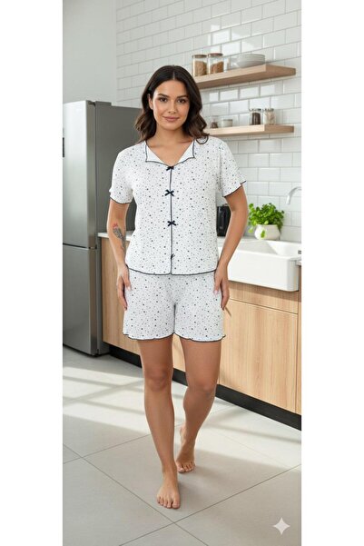 Sude HOMEWEAR ΓΥΝΑΙΚΕΙΟ ΠΛΕΚΤΟ ΥΦΑΣΜΑ ΣΕΤ ΠΙΤΖΑΜΑ ΣΤΟΜΑΤΑ ΜΕ ΣΟΡΤΣ ΚΟΝΤΟ ΜΑΝΙΚΙ ΣΧΕΔΙΟ ΣΤΑΡ ΣΚΟΥΡΟ ΜΠΛΕ