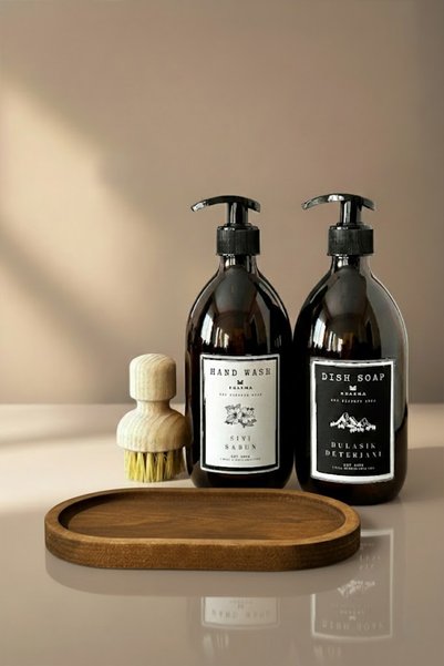 KHAKMA 2 Pack Amber Glass Liquid Soap Dishwashing Liquid Bottle Soap Dispenser 500ml Standlıbhsd with Wooden Stand