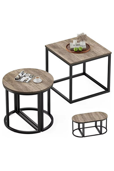 AGD 3-Piece Oval Coffee Table Set, Modern Center Table with 2 Side Tables, Metal Frame, for Living R