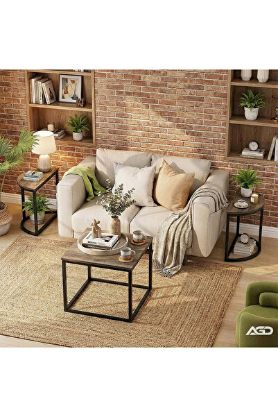 AGD Oval Coffee Table Set of 3 Pieces, Nesting Tables with Metal Frame for Home and Office
