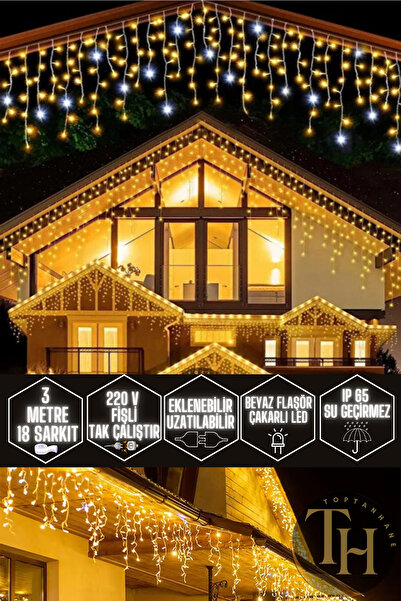 Toptanhane Dış Mekan Saçak Led Flaşlı 4 Metre Su Geçirmez Gün Işığı Eklemeli Çakarlı Sarkıt Yılbaşı Yeni Yıl