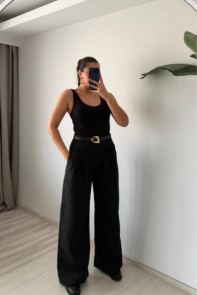 Güneş Wide-Leg Basic Pantolon - Siyah