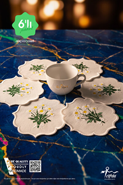 ELFİDA Decorative Cocktail Coffee Side Serving Napkin Embroidered Napkin Tea Plate Placemat Daisy Bunch 6 Pieces