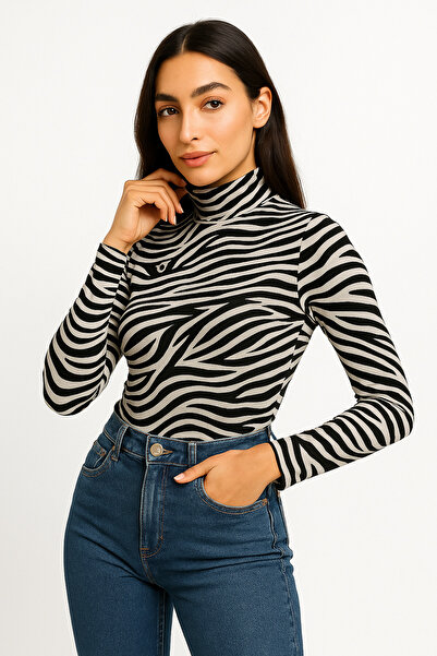 ingegno body desenli balıkçı yaka uzun kol örme kumaş viskon badi