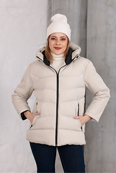 MYRAB DENİM Hooded Waterproof Wind-Resistant Inflatable Jacket with Fleece and Fur Inside