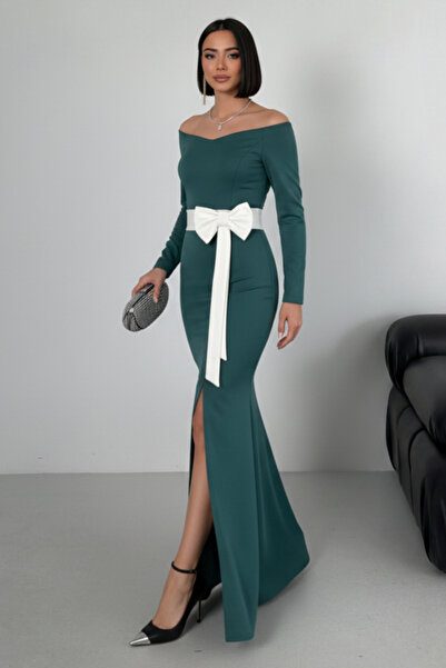 ALFUDO Moda Collection فستان ماكسي بيلك شق للحفلات الراقصة باللون الأبيض