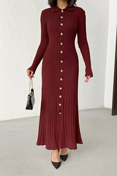 Lusin Women's Burgundy Gold Button Detailed Corded Fabric Long Knitwear Dress