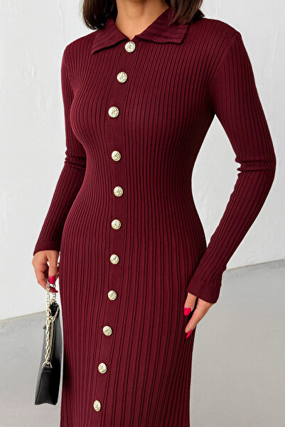Lusin Women's Burgundy Gold Button Detailed Corded Fabric Long Knitwear Dress
