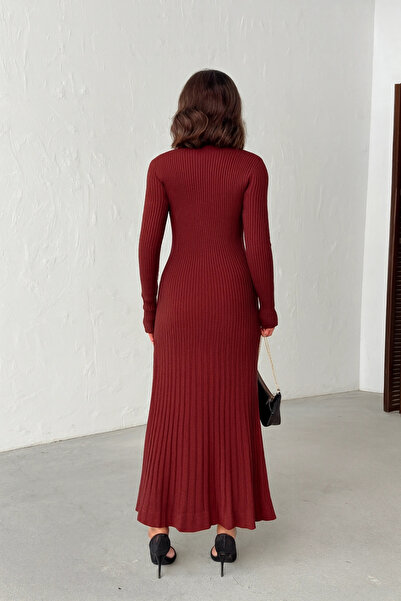 Lusin Women's Burgundy Gold Button Detailed Corded Fabric Long Knitwear Dress