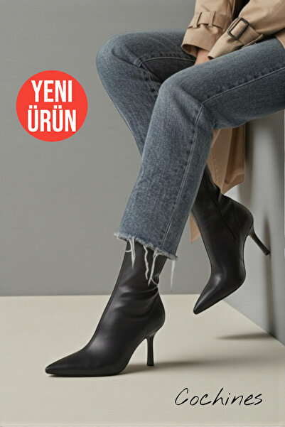 Cochines Μαύρες δερμάτινες μπότες Stretch Γυναικείες μπότες με λεπτό τακούνι στιλέτο με φερμουάρ στο πλάι Άνετες καθημερινές μπότες με τακούνι