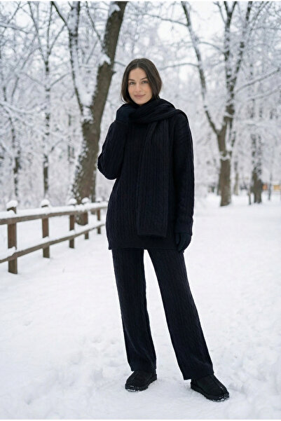 Kirazca Butik طقم بنطلون نسائي من التريكو مكون من قطعتين، تصميم مريح مع وشاح ...