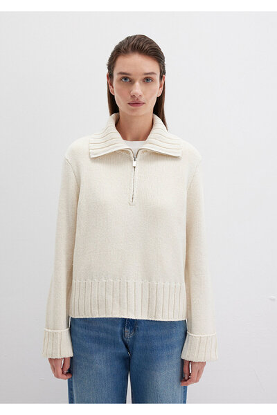 Mavi Вовняний светр з напівзастібкою, екрю, прямий крій / нормальний крій 1710703-82127