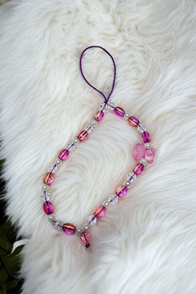 Brenida Pink Transparent Matte Teddy Bear and Pearl Beads Phone Charm