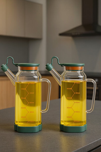 Kezze 2'li Borosilikat Cam Yağlık Seti-Ölçülü Sızdırmaz Kapak Kaymaz Silikon Taban