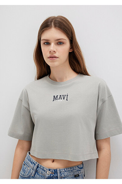 Mavi Graues Crop-T-Shirt mit Logo-Druck, Crop / Kurzer Schnitt 1613411-70112