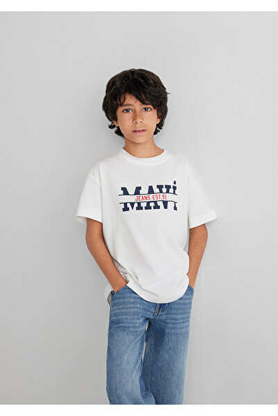 Mavi Logo Printed Ecru T-Shirt Loose Fit / Relaxed Fit 6610397-70057