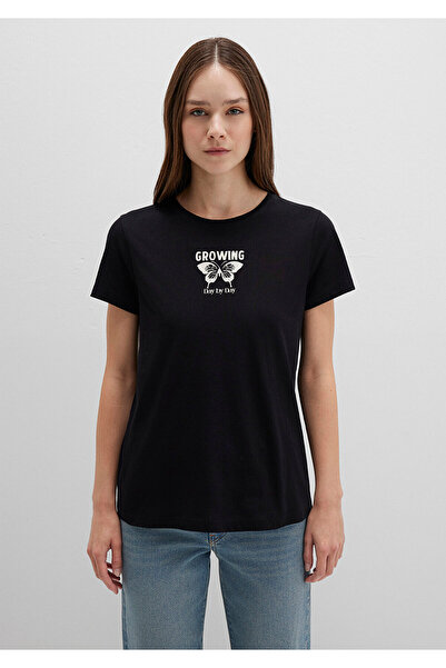 Mavi Schwarzes T-Shirt mit Blumenmuster, halb schmal geschnitten, 1613476-900