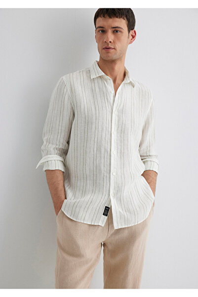 Mavi Πουκάμισο από λινό με πράσινες ρίγες εκρού Regular Fit / Κανονική εφαρμογή 0211525-71481