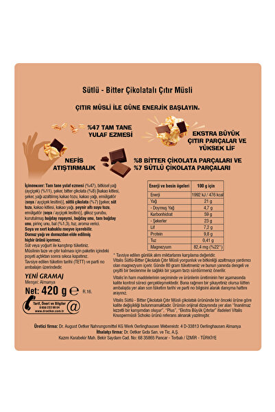 Dr. Oetker 2'li Vitalis Çıtır Müsli Sütlü-bitter Çikolatalı 420 gr