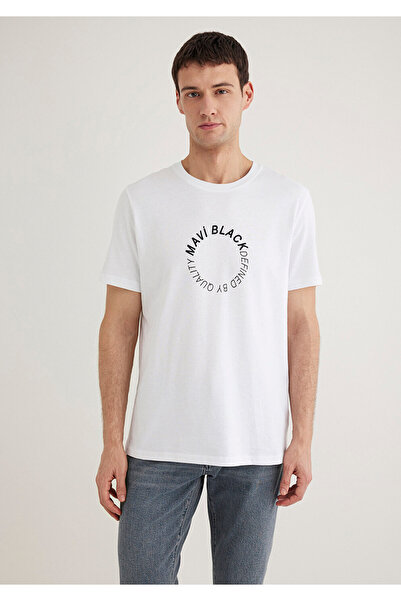 Mavi Schwarz bedrucktes weißes T-Shirt mit normaler Passform 0612406 -620