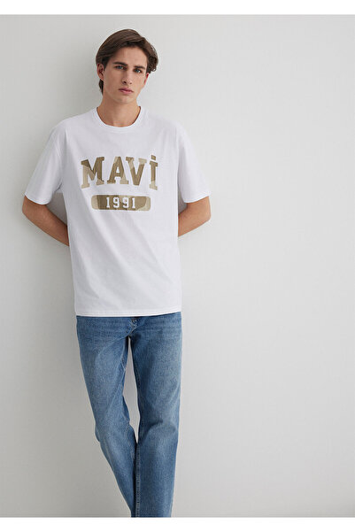 Mavi 1991 Bedrucktes weißes T-Shirt mit lockerer Passform / lockerer, entspannter Passform 0612573 -620