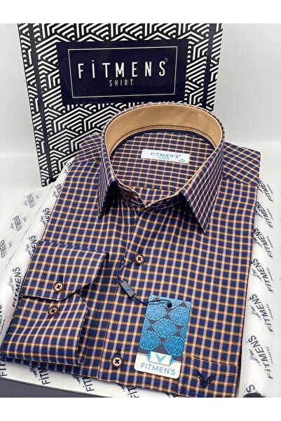 Fitmens Classic Wide Cut Long Sleeve Elegance Checkered Collar Buttoned Men's Shirt with Gift Box Fs-004341 - Navy