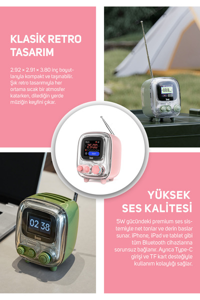 DIVOOM Tiivoo-2 Fm Radyolu Mini Bluetooth Hoparlör Piksel Ekranlı Retro Taşınabilir Ses Bombası