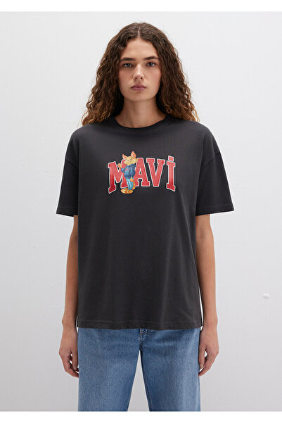 Mavi Anthrazitfarbenes T-Shirt mit Katzen-Logo-Aufdruck, lockere Passform / lockere, entspannte Passform 1613285 -70087